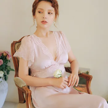 Summer new 2020 deep v-neck nightgown satin for women soild Knee nightdress sexy lace women sleepwear for female home clothes
Summer new 2020 deep v-neck nightgown satin for women soild Knee nightdress sexy lace women sleepwear for female home clothes