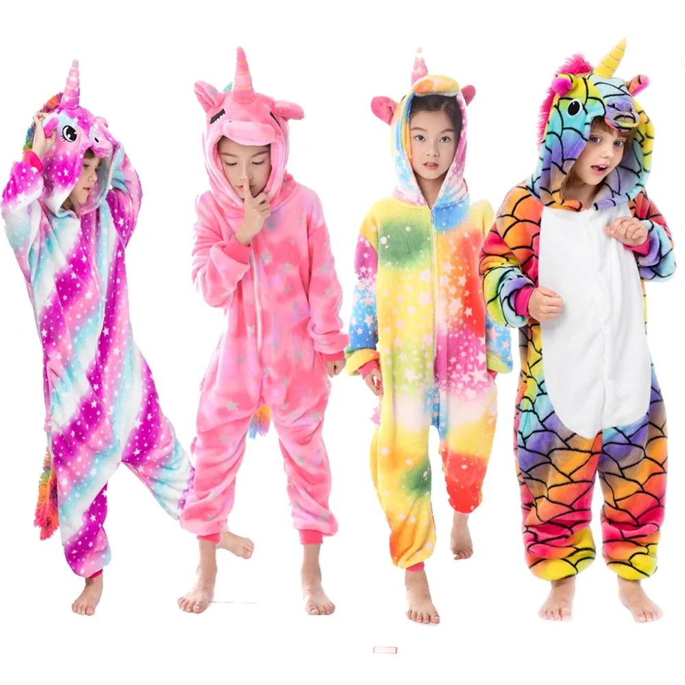 Зимние фланелевые пижамы с единорогом для девочек Детские в стиле кигуруми
