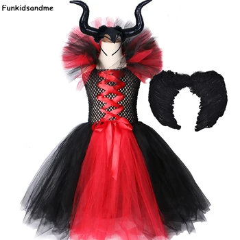 

Evil Queen Maleficent Cosplay Costume for Girls Halloween Carnival Party Fancy Tutu Dress Kids Girl Witch Dress with Horns Wings