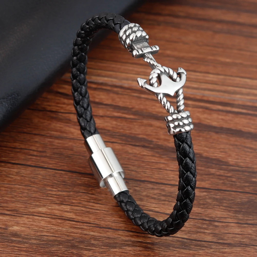 Fashion Men Jewelry Black Leather Bracelet Stainless Steel Magnetic Simple Buckle Weave Pattern Bangles
Fashion Men Jewelry Black Leather Bracelet Stainless Steel Magnetic Simple Buckle Weave Pattern Bangles