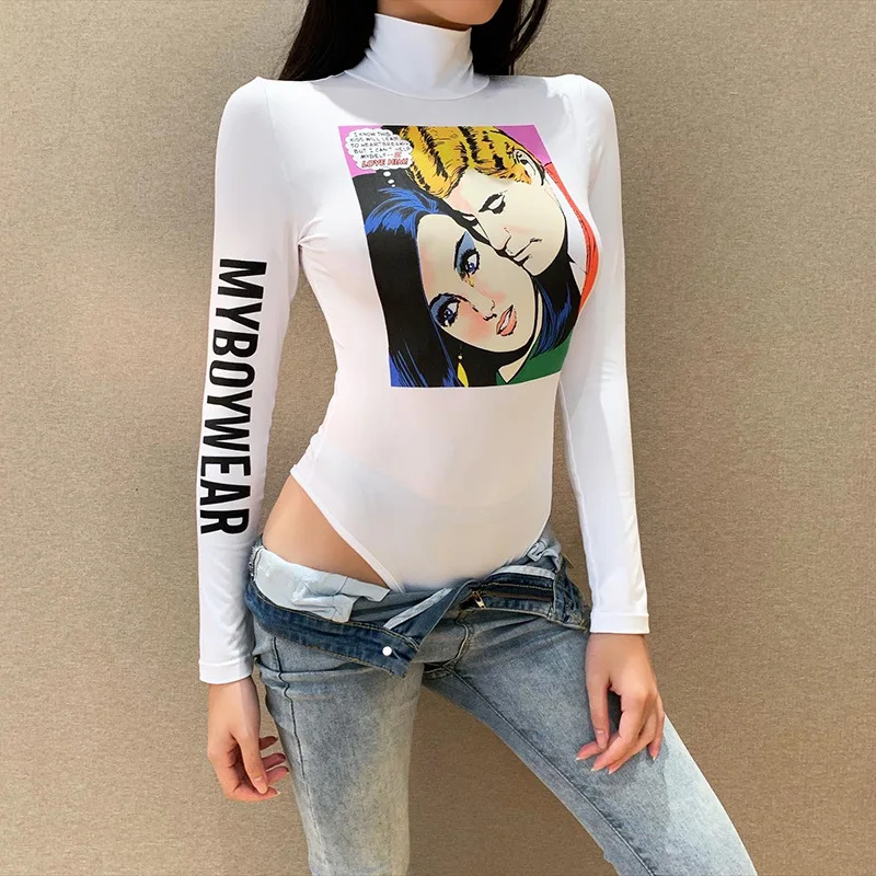 2021 Spring Turtleneck Bodysuit Playsuit Women Letter Print Long Sleeve Skinny Elastics Casual Rompers High Leg Bodycon 2021 Spring Turtleneck Bodysuit Playsuit Women Letter Print Long Sleeve Skinny Elastics Casual Rompers High Leg Bodycon