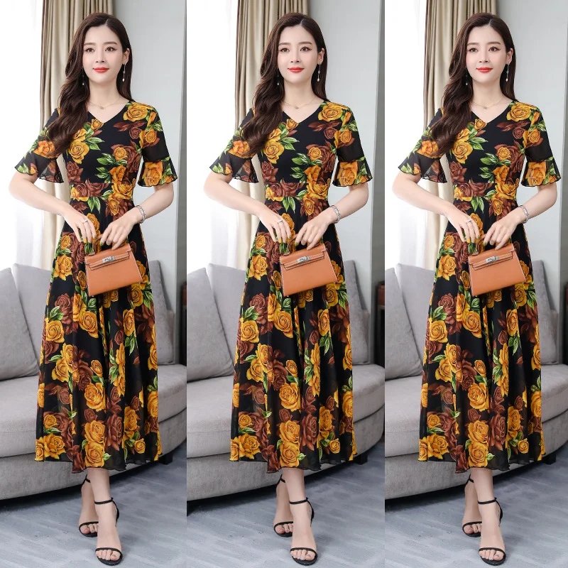 2019 Summer New Style Elegant Waist Hugging Slimming Printed Short Sleeve V-neck Big Hemline Chiffon Dress Women's Long Long Ski
2019 Summer New Style Elegant Waist Hugging Slimming Printed Short Sleeve V-neck Big Hemline Chiffon Dress Women's Long Long Ski