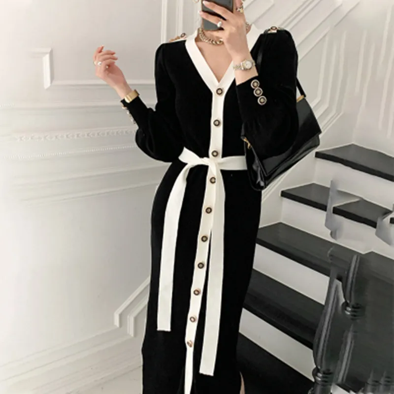 New Fashion Lantern Sleeve Sweater Dress Elegant Autumn Winter Single Breasted Patchwork Lace Up Cardigan Knit Long Dress
New Fashion Lantern Sleeve Sweater Dress Elegant Autumn Winter Single Breasted Patchwork Lace Up Cardigan Knit Long Dress