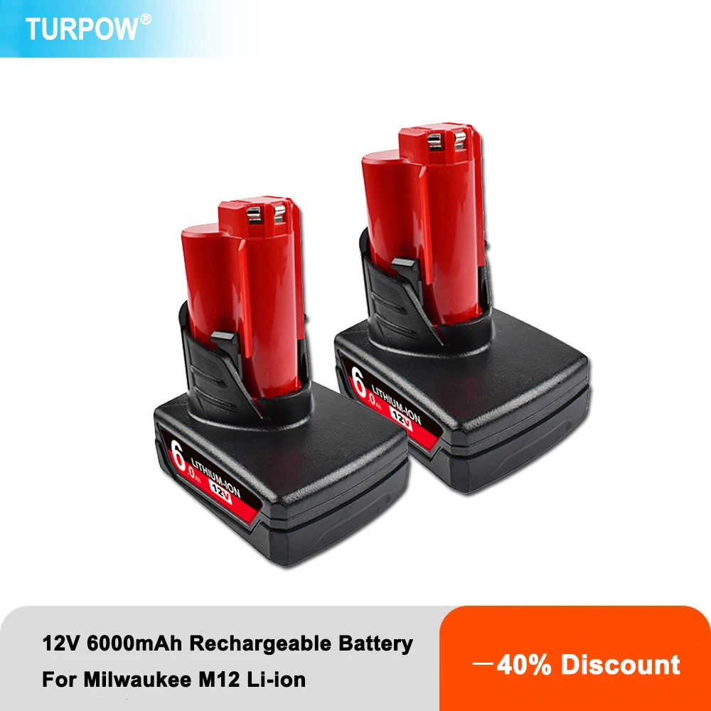 Turpow 12V 6000mAh Rechargeable Battery for Milwaukee M12 XC Cordless Tools 48-11-2402 48-11-2411 Batteries 48-11-2401 MIL-12A-L |