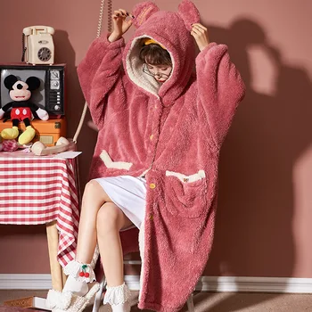 Autumn Winter Sweet Plus Velvet Women Nightgown Long Sleeve Cardigan Button Warm Solid Loose Pocket Hooded Home Nightrobe
Autumn Winter Sweet Plus Velvet Women Nightgown Long Sleeve Cardigan Button Warm Solid Loose Pocket Hooded Home Nightrobe