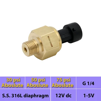 

sensor pression, 30psi, 75psi, 50psi absolute, pressure transducer, 12V, 24Vdc, 1 5V signal, diaphragm AISI 316L, G1 4 thread