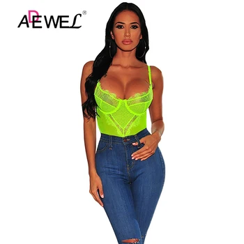 

ADEWEL Sexy Neon Green Sheer Mesh Lace Bustier Underwire Bodysuit Rompers Womens Jumpsuit Body Feminino Para Mulheres Bodys XL