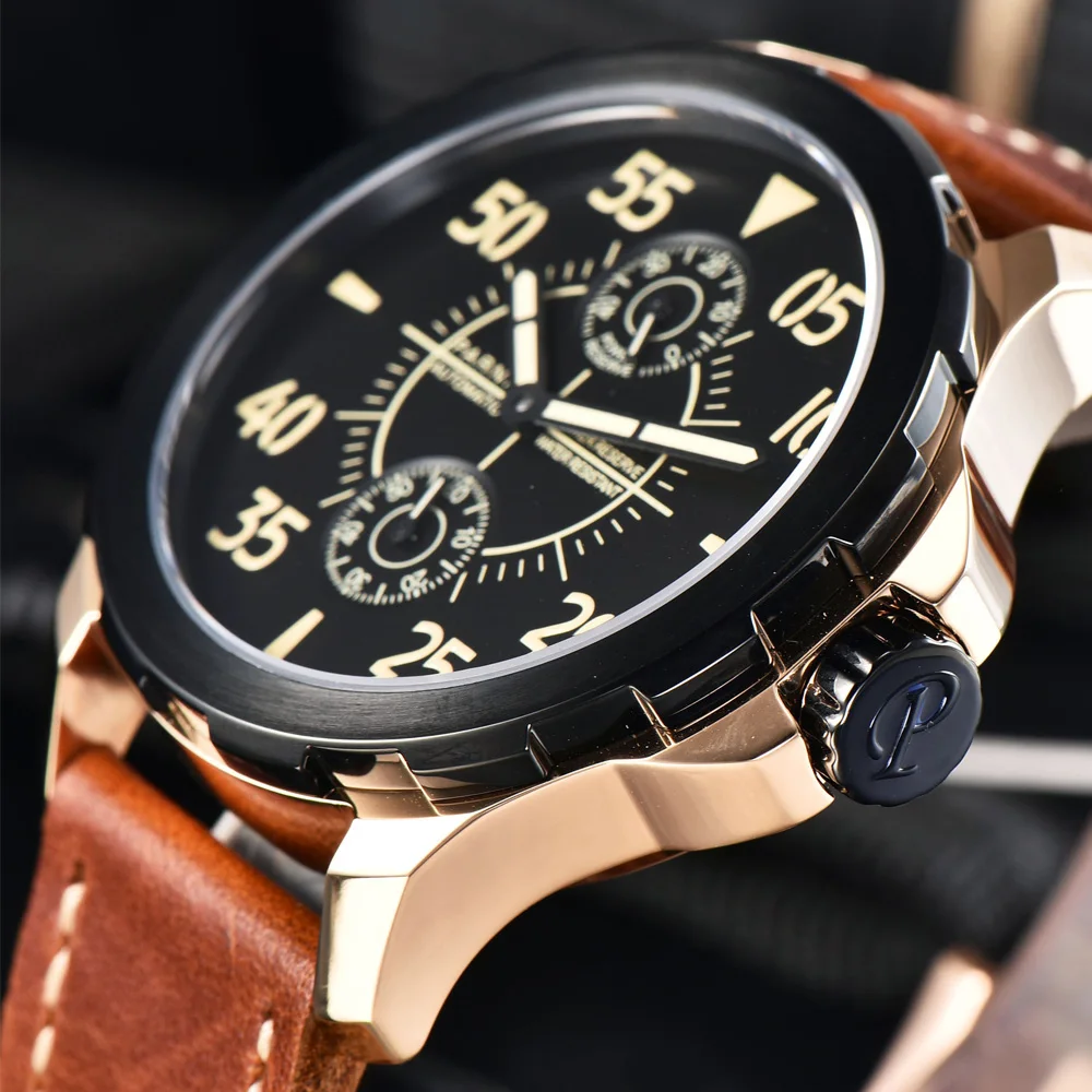 

Мужские автоматические механические часы Parnis, 44 мм, с черным циферблатом, цвет розовое золото, зеркальные часы с сапфировым стеклом, 2023