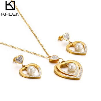 KALEN Bohemia Zircon Pearl Double Heart Pendant Necklaces Drop Earrings Sets For Women Gold Color Stainless Steel Jewelry Sets
KALEN Bohemia Zircon Pearl Double Heart Pendant Necklaces Drop Earrings Sets For Women Gold Color Stainless Steel Jewelry Sets