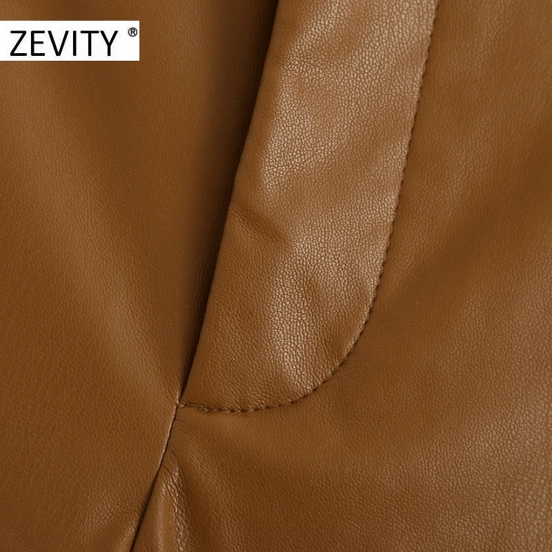 ZEVITY Women fashion solid PU leather straight pants female zipper fly casual slim long Trousers chic autumn business pants P935