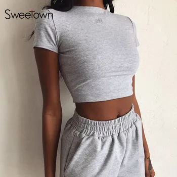 Sweetown 2020 Summer Solid Crop Top Short Sleeve T-Shirt Women Gym Clothing Letter Embroidery Slim Basic Streetwear Top Tees 
Sweetown 2020 Summer Solid Crop Top Short Sleeve T-Shirt Women Gym Clothing Letter Embroidery Slim Basic Streetwear Top Tees