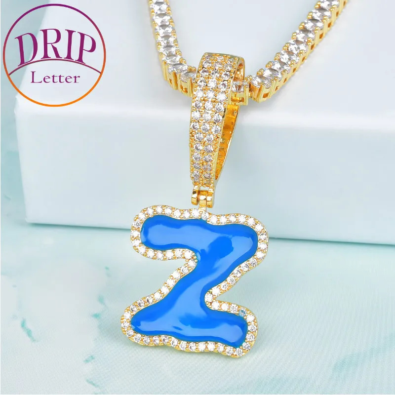 

Solid Back Single Blue Oil Letters Pendant 4mm Tennis Chain Necklaces For Men Women AAAA Cubic Zircon Hip Hop Jewelry