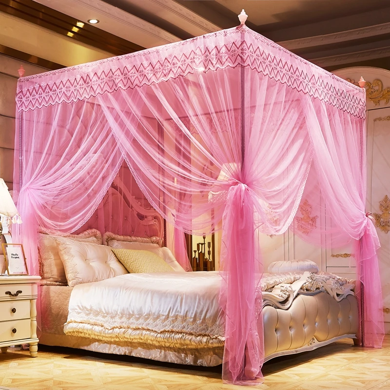 Фото New Pink Quadrate Mosquito Net Palace Netting With Iron Tube Frame Romantic Lace Light Yellow Blue Three-Door Moustiquaire 1.8M | Дом и сад