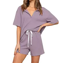 Summer new style women's half-sleeved solid color two-piece V-neck drawstring suit T-shirt shorts suit suitable for leisure 
Summer new style women's half-sleeved solid color two-piece V-neck drawstring suit T-shirt shorts suit suitable for leisure