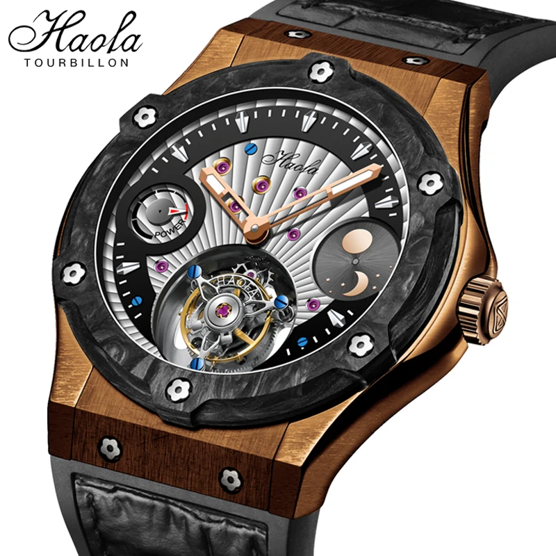 

Men's Haofa Luxury Tourbillon Mechanical Mens Watch Bronze Case Manual Tourbillon Sapphire Business Wristwatches Day And Night
