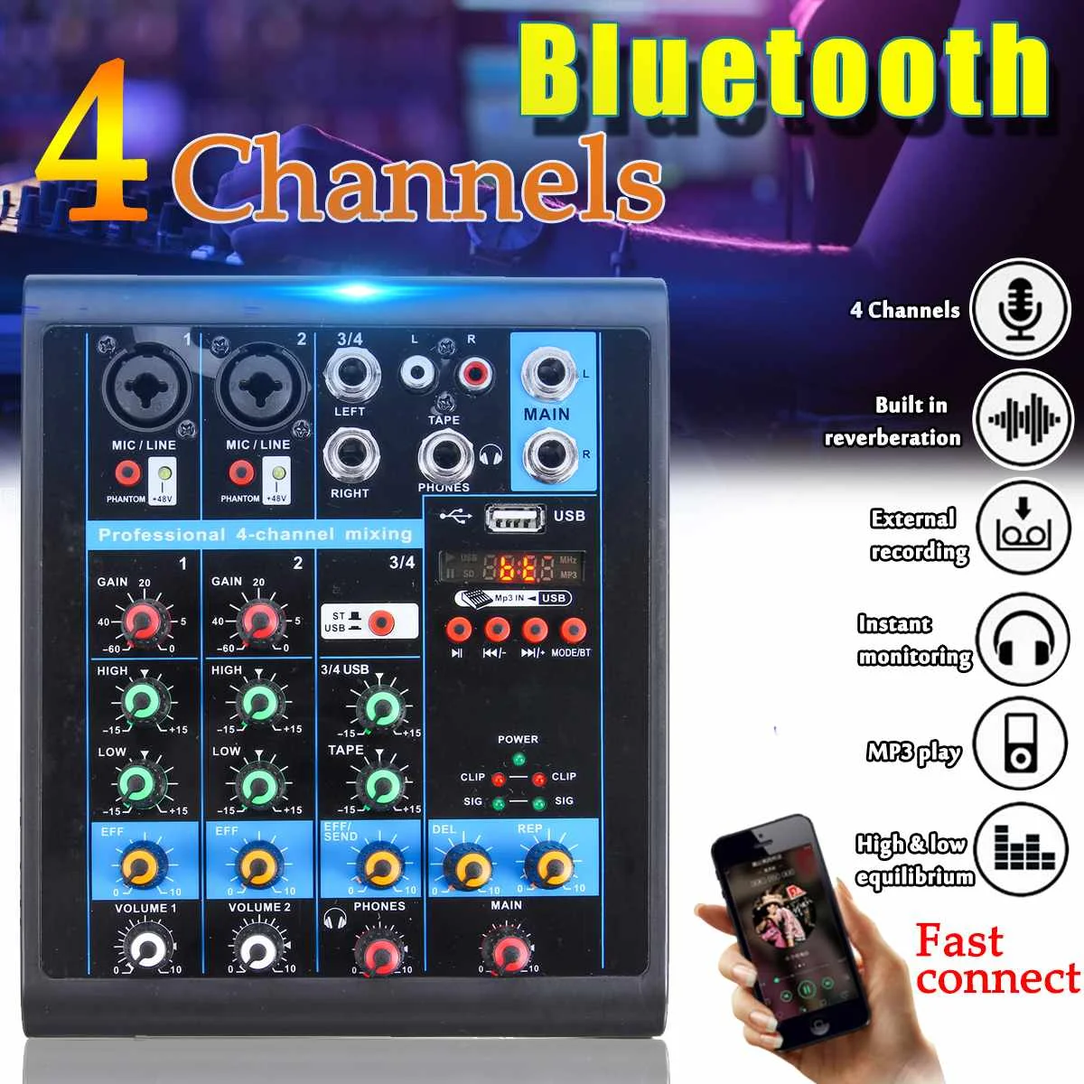 4 Channels USB Mini Portable Mixer bluetooth MP3 Live Studio Audio DJ Sound Mixing Console Karaoke Computer 48V Phantom Power
4 Channels USB Mini Portable Mixer bluetooth MP3 Live Studio Audio DJ Sound Mixing Console Karaoke Computer 48V Phantom Power