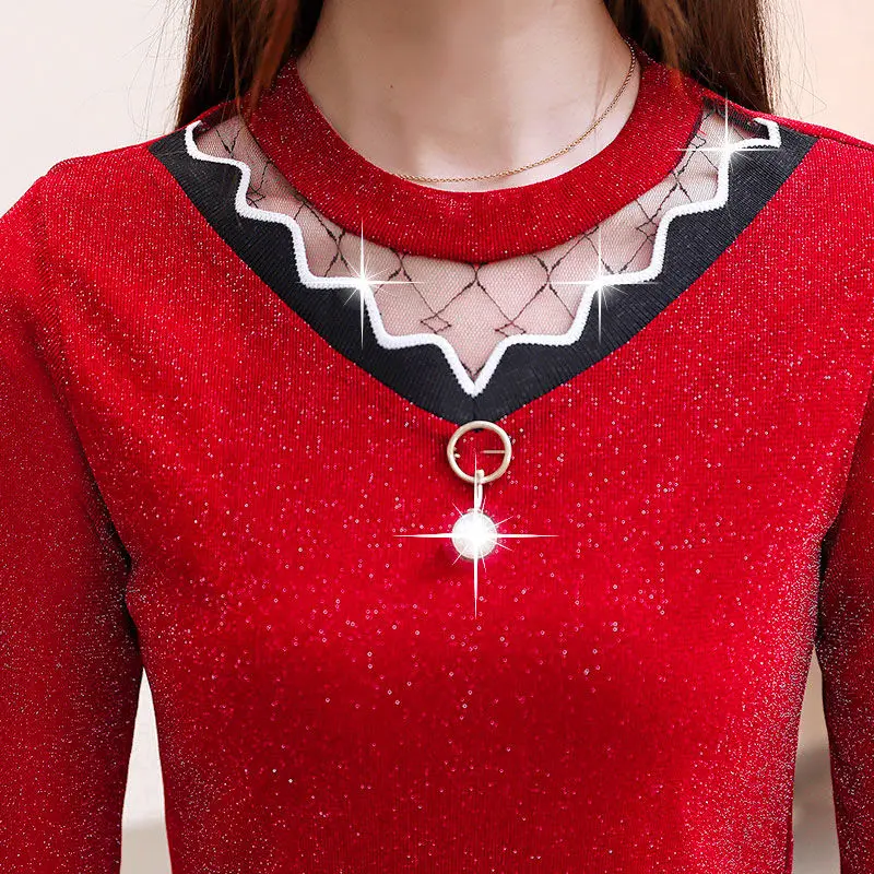 2020 Autumn Long Sleeve Shirt Women Velvet Stand Collar Lace Women's Slim Fit T Shirts Female Bright Silk Mesh Bottoming Shirt
2020 Autumn Long Sleeve Shirt Women Velvet Stand Collar Lace Women's Slim Fit T Shirts Female Bright Silk Mesh Bottoming Shirt