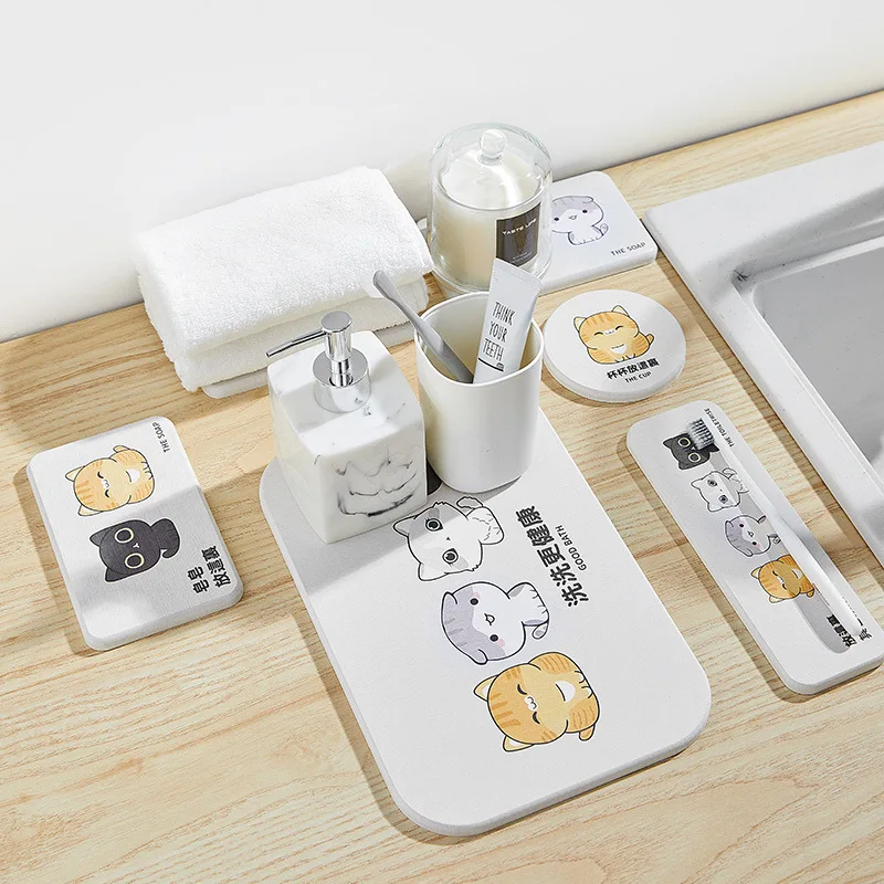 

Soap Holder Coaster Diatomite Wash Pad Washstand Waterproof Pad Cartoon Fold-eared Cat Diatom Mud Absorbent Pad