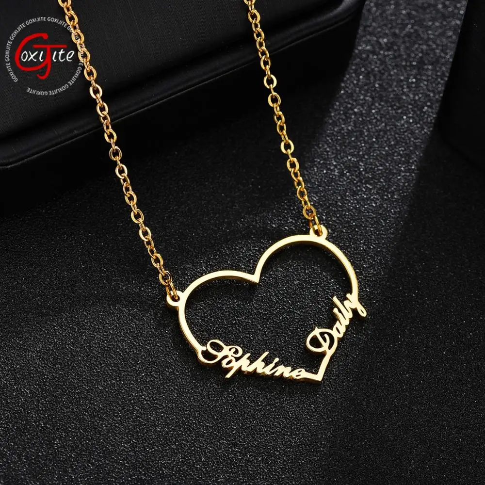 

Goxijite 2019 Fashion Custom Stainless Steel 2 Name Heart Necklace For Women Personalized Letter Gold Color Choker Necklace Gift