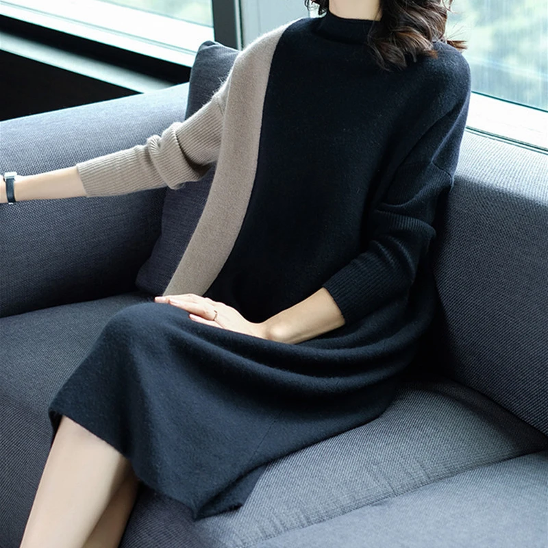 2019 Fashion Women Stiching Half Turtleneck Long Sleeve Dress Female Knee-Length Knitted Sping Autumn Winter Dress Europe
2019 Fashion Women Stiching Half Turtleneck Long Sleeve Dress Female Knee-Length Knitted Sping Autumn Winter Dress Europe