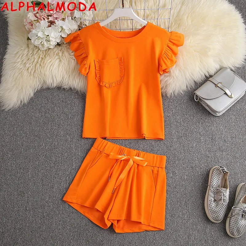 

ALPHALMODA New Frill Pocket Short-sleeved Jersey + Sashes Shorts Women Fashion Loungewear Set Women Trendy Summer 2pcs Set