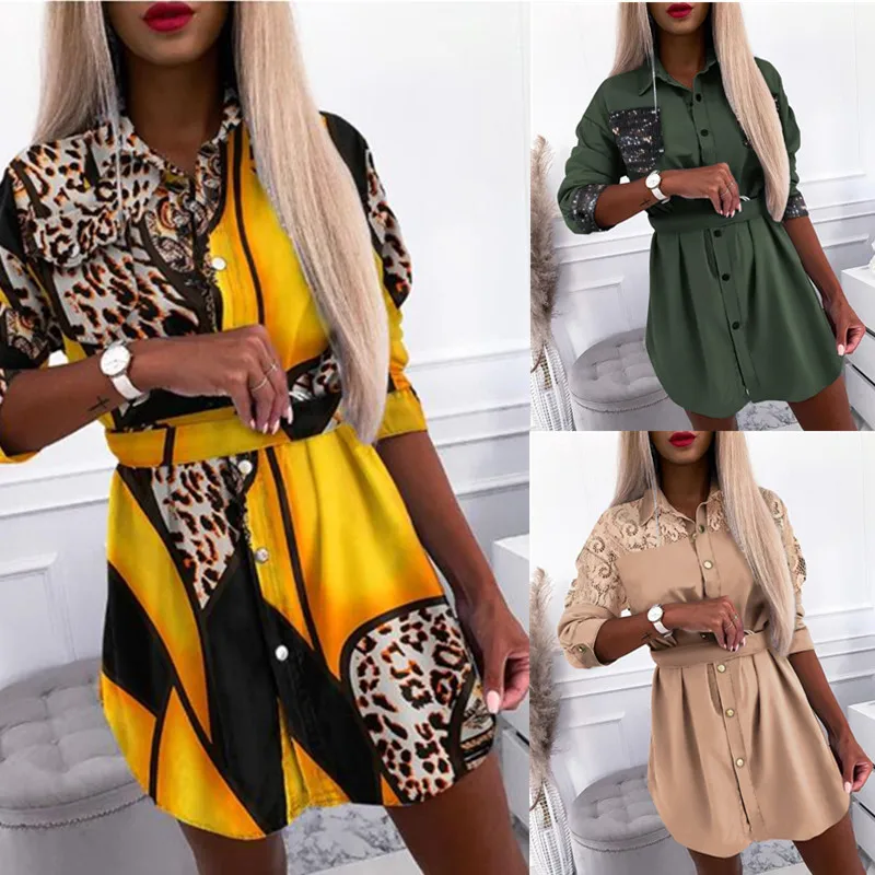 

2022 Women's Shirt New Print Women's Dress Autumn Winter Long Sleeve Stitching Sequin Button Belt Casual Shirt Dress