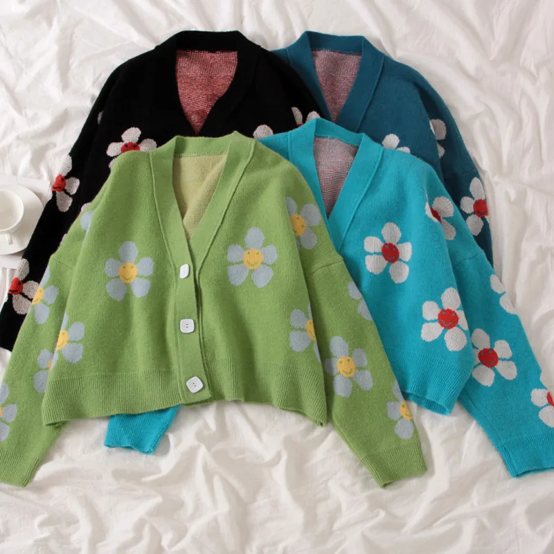 Autumn Cardigans Women Flower Printing Knit Sweater 2020 V-Neck Loose Elegaht Thicked Femme Button Long-sleeve Short Casual Coat
Autumn Cardigans Women Flower Printing Knit Sweater 2020 V-Neck Loose Elegaht Thicked Femme Button Long-sleeve Short Casual Coat