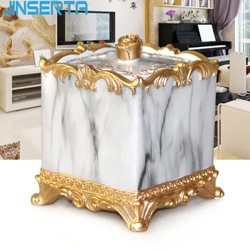 JINSERTA 2-Grids Marbled Storage Box Cotton Swab Organizer Toothpick Holder Luxury Living Room Bathroom Cotton Pad Box with Lid