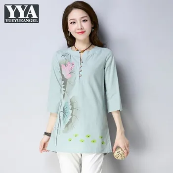 Chinese Style Vintage Female T-Shirt Tang Suit Printed Cotton Linen T-Shirts Women Elegant White Tops Summer Loose Casual Tees 
Chinese Style Vintage Female T-Shirt Tang Suit Printed Cotton Linen T-Shirts Women Elegant White Tops Summer Loose Casual Tees
