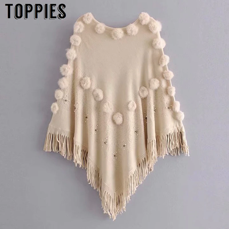 

Vintage Tassels Cloak Shawl Indie Folk Style Cotton Ball Decorate Knitted Cape Poncho Batwing Sleeve Pullovers