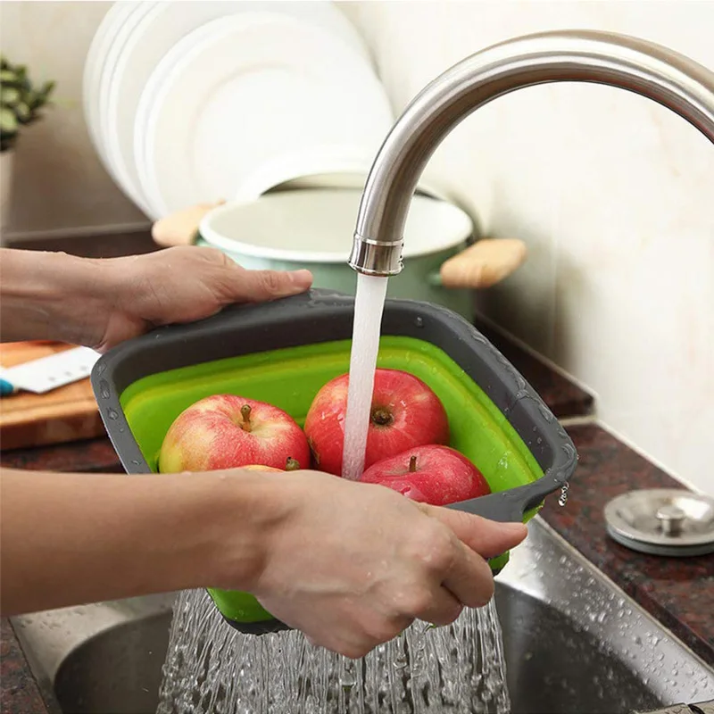 Silicone Foldable Drain Water Filter Fruit Vegetable Washing Basket Strainer With Handle Kitchen Tools Square Organizer Storage
Silicone Foldable Drain Water Filter Fruit Vegetable Washing Basket Strainer With Handle Kitchen Tools Square Organizer Storage