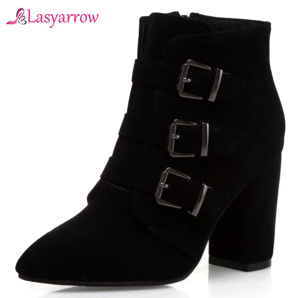 

Lasyarrow size 34-50 zipper buckled strap ankle boots women's solid block heels autumn winter booties female short boots J1036