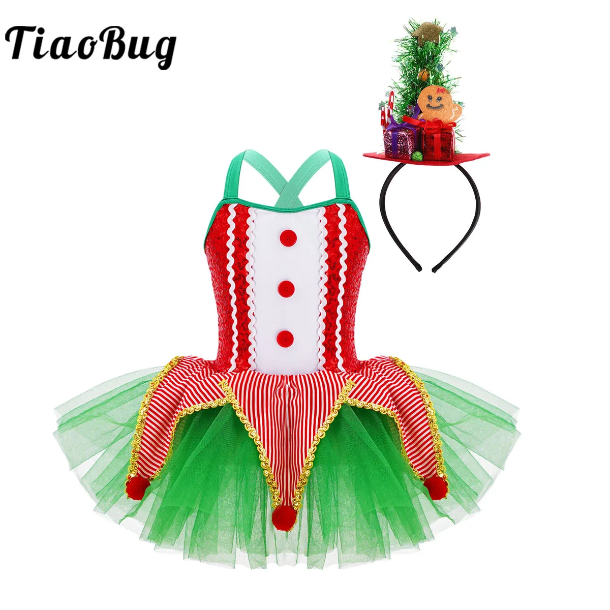 

Children Girls Dancer Ballet Dance Dress Halter Sequins Mesh Tutu Christmas Elf Santa Costumes Figure Skating Gymnastic Leotard