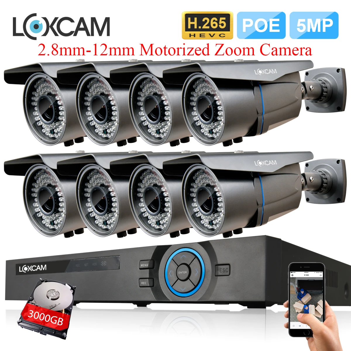 LOXCAM H.265+ CCTV NVR System 8CH POE NVR kit 48V 5.0MP POE security IP Camera 2.8-12mm Motorized Zoom Video Surveillance System
LOXCAM H.265+ CCTV NVR System 8CH POE NVR kit 48V 5.0MP POE security IP Camera 2.8-12mm Motorized Zoom Video Surveillance System
