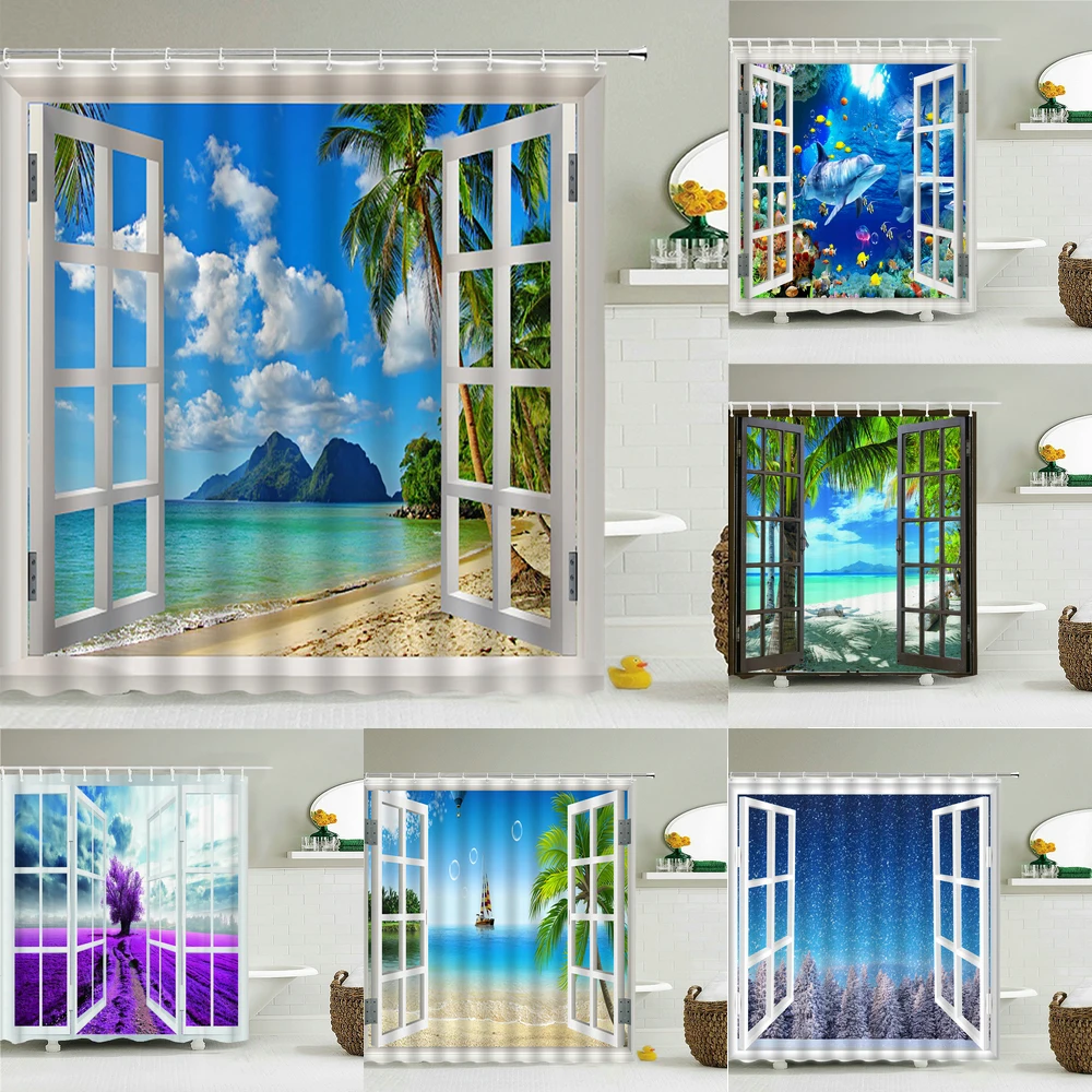 

Variety of 3D Scenery Windows Shower Curtain Beach Ocean Forest Bath Curtains With Hooks Waterproof Bathroom Shower Curtains