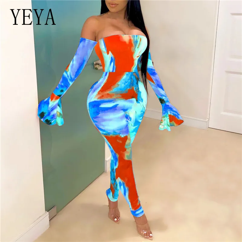 

YEYA Strapless Tie-Dye Print Bandage Flare Rompers Womens Jumpsuit Sexy Slash Neck Flared Sleeve Backless Bodycon Party Clubwear