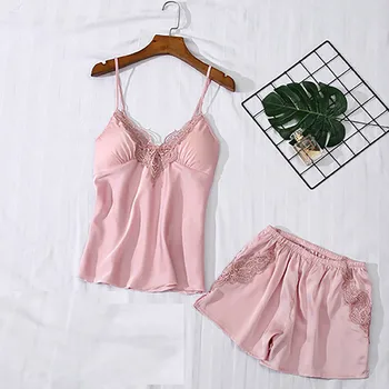 Pyjamas Women Sleep Wear Pijama Women V-Neck Eyelash Silk Lace Sexy Stain Camisole Pajamas Bowknot Shorts Set пижама женская 
Pyjamas Women Sleep Wear Pijama Women V-Neck Eyelash Silk Lace Sexy Stain Camisole Pajamas Bowknot Shorts Set пижама женская