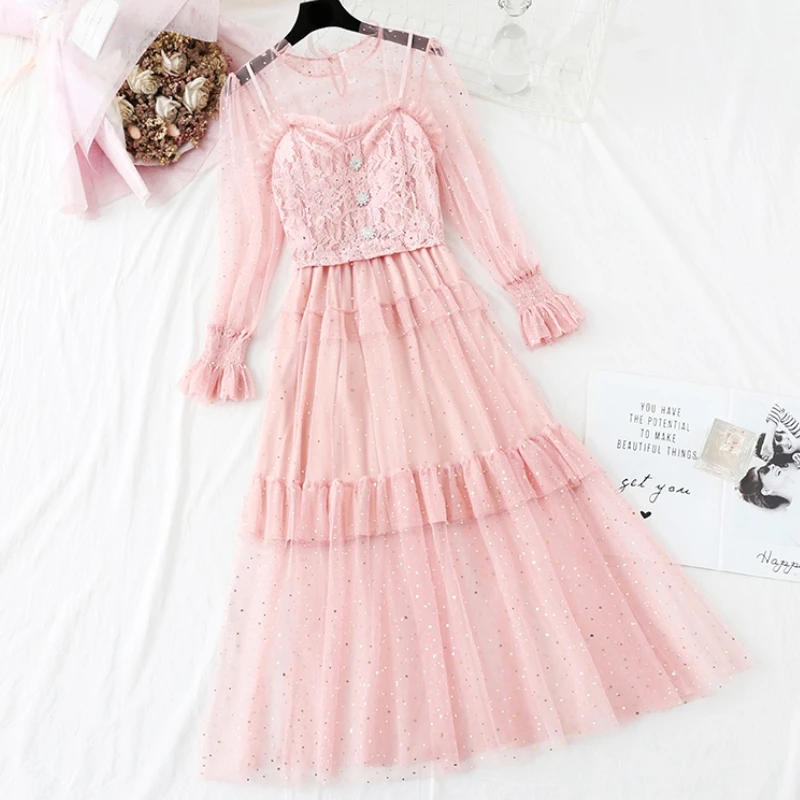 

2021 Women Mesh Dress Stand Ruffles Neck Sequins Applique Dresses Thin Voile Princess Female Elegant Long Sleeves Puff Dresses