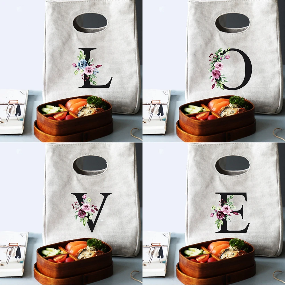 

Flower Black Alphabet Print Canvas Lunch Bag Fashion School Office Thermal Pouch High Capacity Portable Reusable Picnic Tote