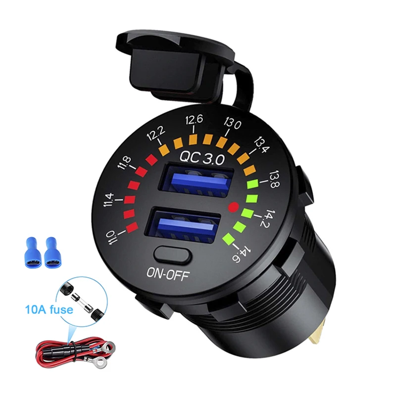 QC3.0 36W 6A Dual USB Charger Socket With Voltmeter Switch USB Outlet Fast Charger for 12V Car Boat Motorcycle Truck Golf QC3.0 36W 6A Dual USB Charger Socket With Voltmeter Switch USB Outlet Fast Charger for 12V Car Boat Motorcycle Truck Golf