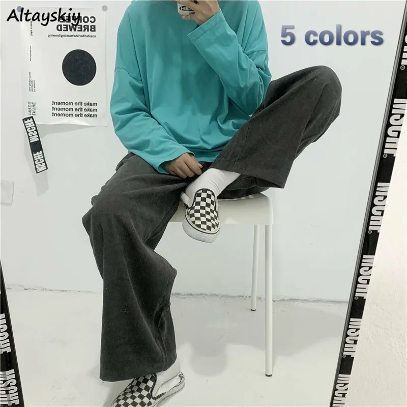 

Wide Leg Pants Women Chic Corduroy High Street Harajuku Solid Teens Full Length Trousers All-match Basic Simple Womens Clothing