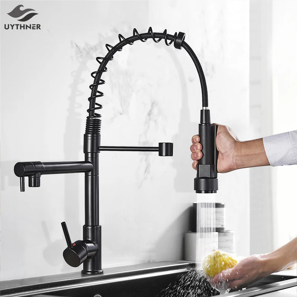 Uythner Black Brass Kitchen Faucet Vessel Sink Mixer Tap Spring Dual Swivel Spouts Hot and Cold Water Bathroom Faucets | Обустройство