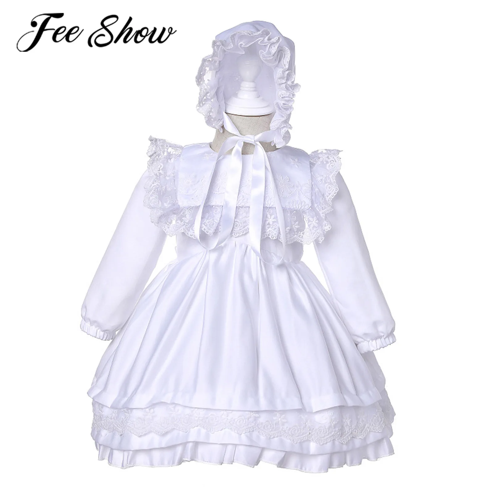 

Vintage Baby Girls Dresses Long Sleeves Lace Party Dress + Bonnet Toddlers Baptism Dress Infants Girl Birthday Christening Gown