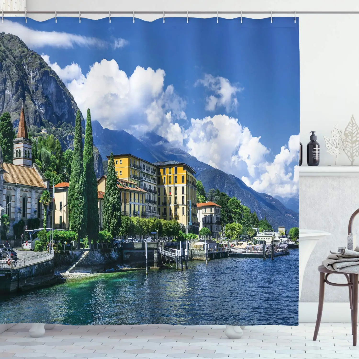 Italy Shower Curtain, Panoramic Landscape of Lake Como Mountains and Clouds Digital Image Print, Cloth Fabric Bathroom Decor Set
Italy Shower Curtain, Panoramic Landscape of Lake Como Mountains and Clouds Digital Image Print, Cloth Fabric Bathroom Decor Set