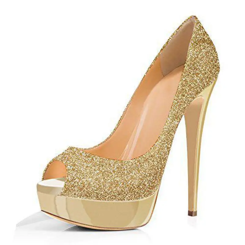 

Gold Shoes Pumps High Heel Sandals Flat Platform Bling Lady Shoe Peep Toe Thin Heels Slip-on Single Shoe Summer Wedding Shoes