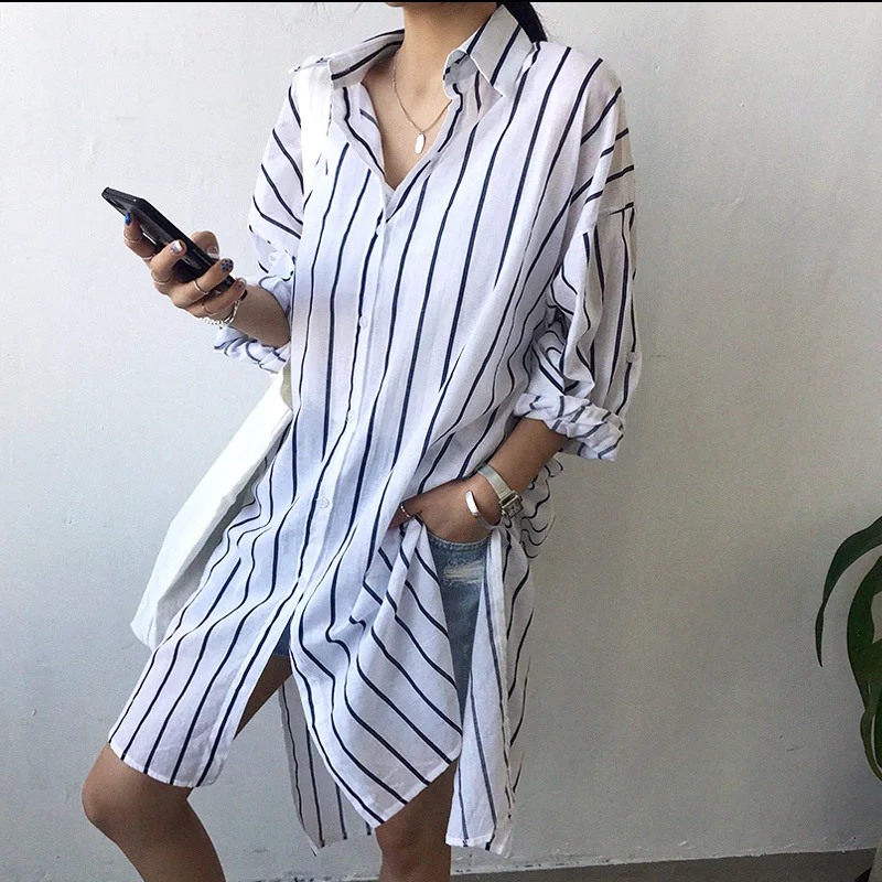 New Women Blouses Shirts Summer long sleeve shirt Single Breasted Casual Oversize Striped Irregular Split Tops CF105
New Women Blouses Shirts Summer long sleeve shirt Single Breasted Casual Oversize Striped Irregular Split Tops CF105