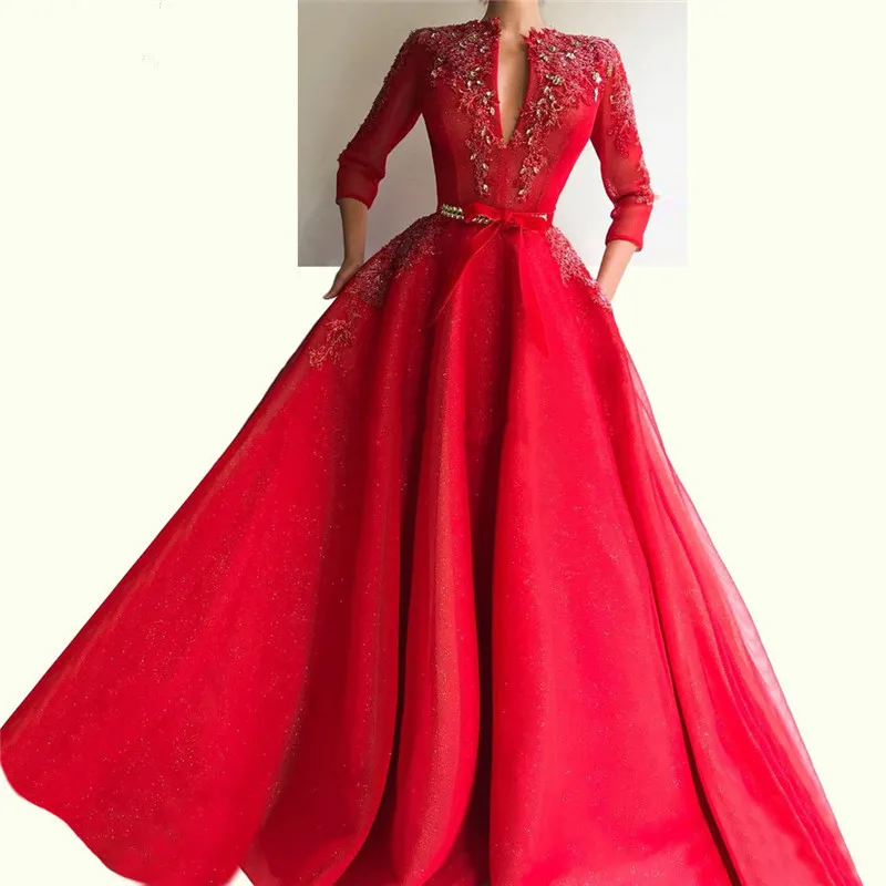 New Design Red Long Evening Dresses With Crystal And Appliques 3/4 Long Sleeve Formal Party Gowns With Sash Robe de soiree
New Design Red Long Evening Dresses With Crystal And Appliques 3/4 Long Sleeve Formal Party Gowns With Sash Robe de soiree