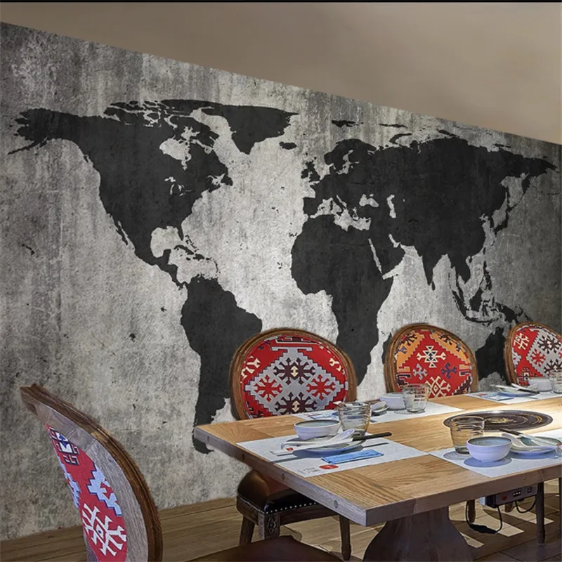 Retro Personality Gray Cement Wall Background World Map Mural Wallpapers for Living Room Walls 3D Restaurant Decor Paper | Обустройство