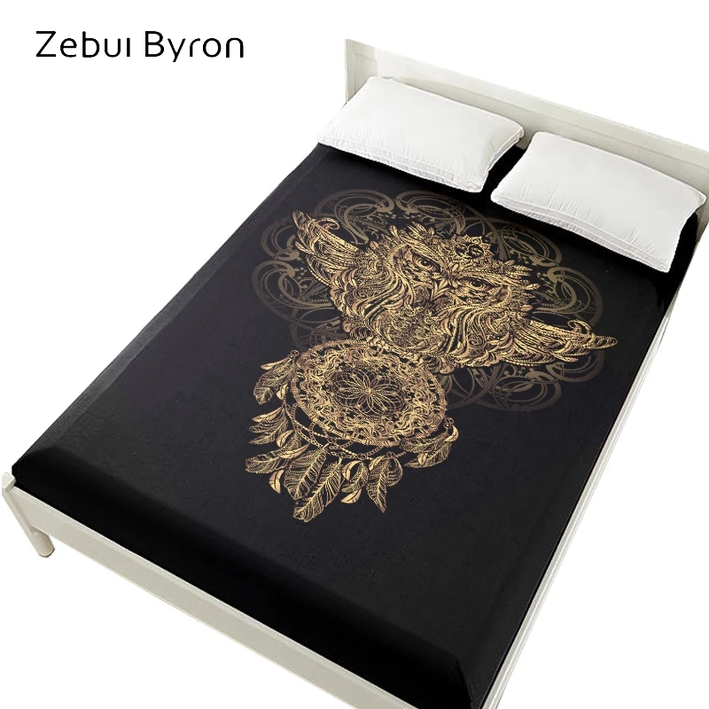 

3D Bed Sheets On Elastic Band Bed,Fitted Sheet 160x200,Mattress Cover for bed.Bedsheet Bedding,Bed Linen golden owl Dreamcatcher