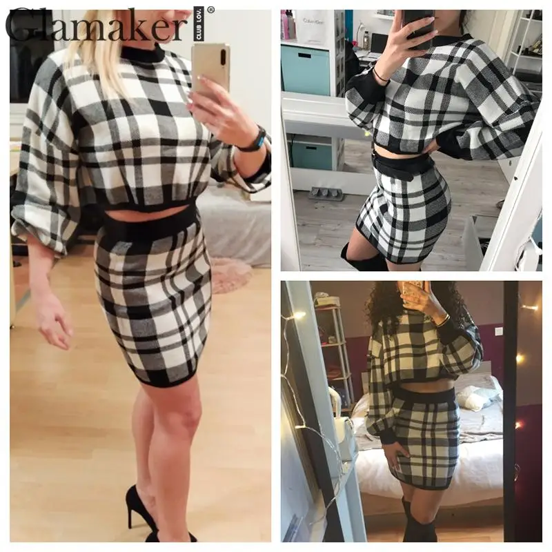 Plaid Knitted Two-Piece Suit Elegant Fashion Short Winter Fall Dress Plaid Knitted Two-Piece Suit Elegant Fashion Short Winter Fall Dress